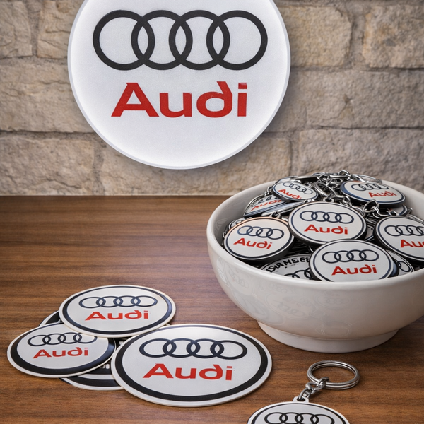 Audi LED Lampe Mini 18 cm – Fan-Bundle  inkl. Schlüsselanhänger, 5 Sticker & USB-Stecker