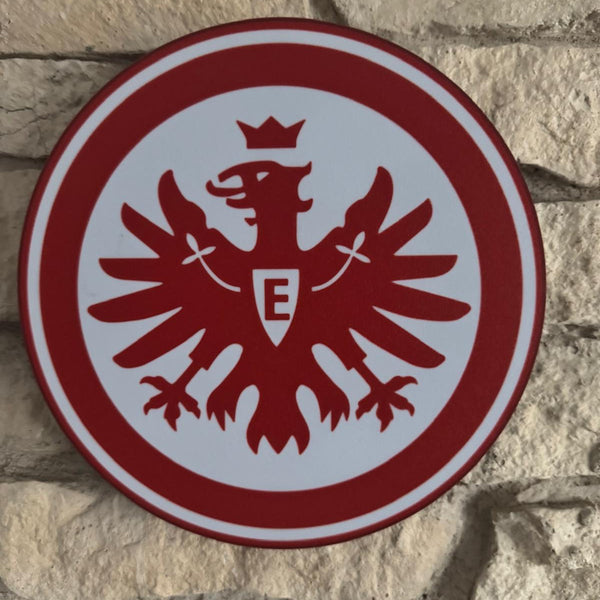 „Schwarz-rote Fanlampe für Eintracht-Frankfurt-Fans mit hell beleuchtetem Symbol.“
