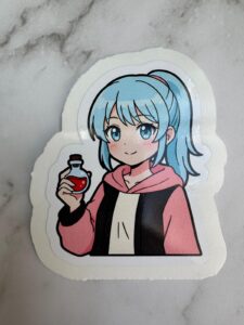 Anime Sticker – Manga Girl mit Fläschchen | 10 cm, wasserfest, 3 cm Peel-Rand